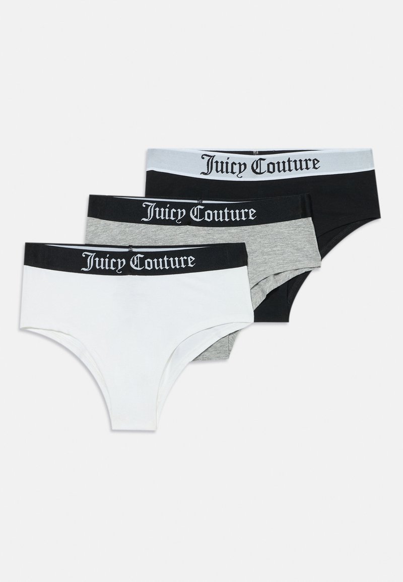 Trzy damskie majtki hipster w kolorach białym, szarym i czarnym z kontrastowymi paskami w kolorze marki "Juicy Couture."