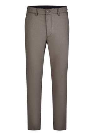 Herren Slim-Fit graue Hose mit Gürtelschlaufen, Knopfverschluss und vorderen Taschen, dargestellt vor weißem Hintergrund.