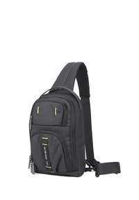 Borsa a tracolla nera in tessuto con cuciture gialle, scomparti con zip e tracolla regolabile. Presenta una tasca frontale e un design elegante e compatto.