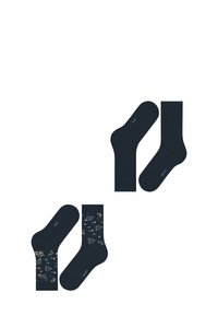 Granatowe skarpetki, jedna para gładka, a druga w kwiatowy wzór. Obie mają subtelną, prążkowaną teksturę i metki rozmiarów po bokach.