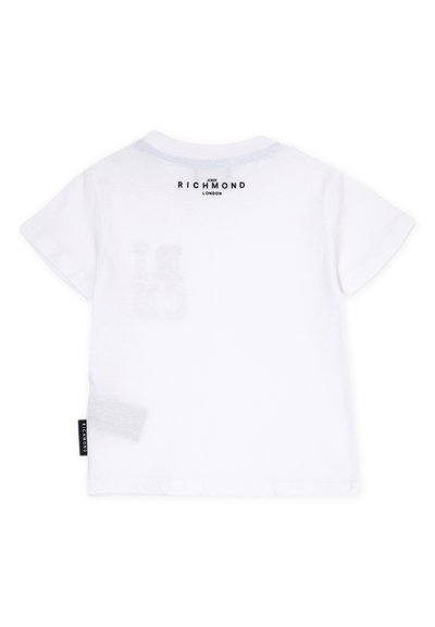 T-shirt bianca in cotone a maniche corte, con scollo rotondo, logo stampato sul retro e una piccola etichetta di lato.