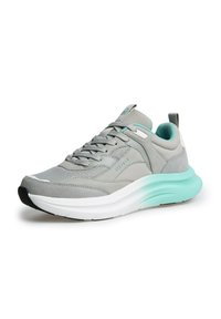 Gray athletic shoe with mesh and suede materials. Features a teal accent on the heel, thick cushioning, and a white sole with a black edge.