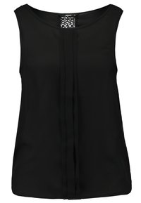 Černý bezrukávový top z hladké tkaniny s kulatým výstřihem a vertikálními sklady. Krajkový detail na zadní straně přidává texturu.
