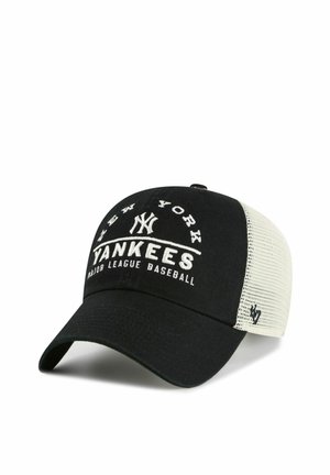 Black and white New York Yankees baseball cap with mesh back and embroidered team logo and text on the front panel.