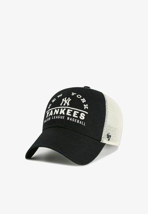 Schwarz-weiße New York Yankees Baseballkappe mit Netzrücken und gesticktem Teamlogo sowie Text auf dem Vorderpanel.