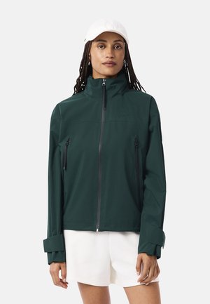 Dunkelgrüne wasserdichte Jacke mit hohem Kragen, Vorderreißverschluss, zwei Reißverschlusstaschen und breiten Ärmelbündchen. Glatte Textur.