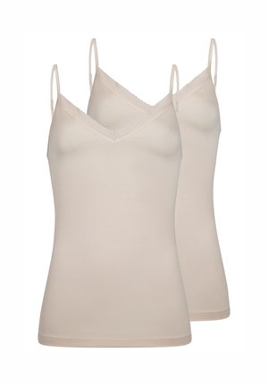 Zwei beige Camisoles mit dünnen verstellbaren Trägern und V-Ausschnitten mit Spitzenbesatz, dargestellt vor einem weißen Hintergrund.