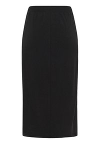 Jupe crayon noire longueur genou avec taille élastique et fente latérale, présentée sur un fond blanc.