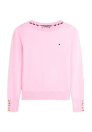 Ροζ ανοιχτόχρωμο πουλόβερ με μακριά μανίκια, μικρό λογότυπο Tommy Hilfiger στο στήθος και χρυσά κουμπιά στις μανσέτες.