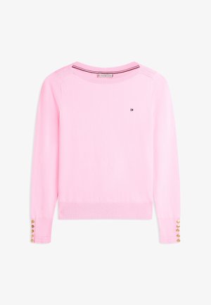 Vaaleanpunainen pitkähihainen neule, jossa pieni Tommy Hilfiger -logo rinnassa ja kultaiset napit hihojen resoreissa.