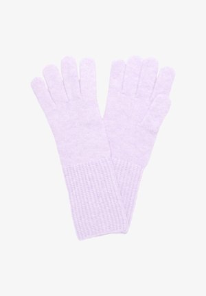 Gants tricotés de couleur violet clair avec des poignets côtelés, dotés de cinq ouvertures pour les doigts et d'une surface douce et texturée.