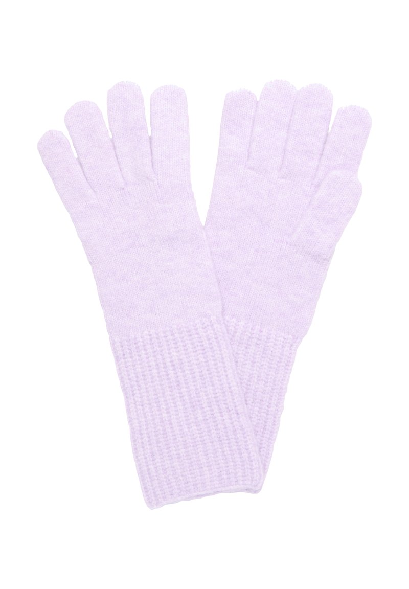 Helllila gestrickte Handschuhe mit gerippten Bündchen, die fünf Fingeröffnungen und eine weiche, strukturierte Oberfläche aufweisen.