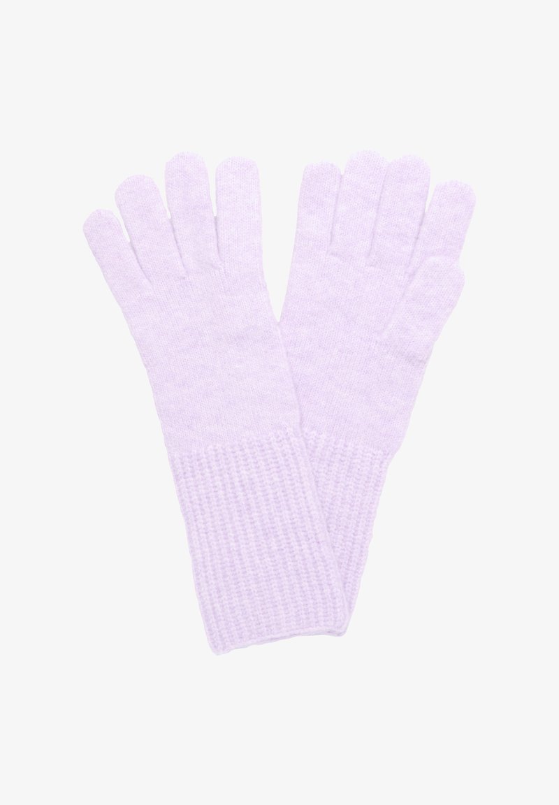 Helllila gestrickte Handschuhe mit gerippten Bündchen, die fünf Fingeröffnungen und eine weiche, strukturierte Oberfläche aufweisen.