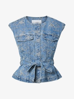 Mouwloos blauw denimvest met bloemenborduursel, twee borstzakken, knopen aan de voorkant en een gestrikte tailleceintuur.