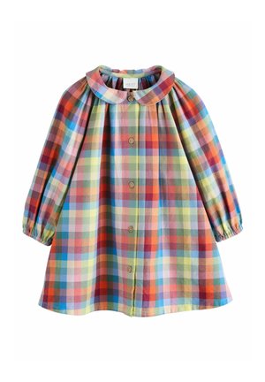 Robe bébé à manches longues avec motif à carreaux multicolores, fermeture boutonnée devant, poignets élastiques et col arrondi.