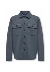 Pelēks pogājams krekls-jakā ar divām krūšu kabatām, izgatavots no teksturēta auduma, ar apkakli un melnām pogām.