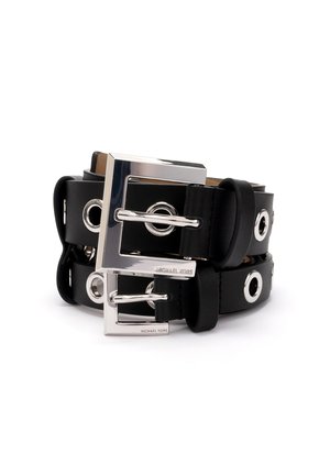 Black leather belt with a wide design, featuring silver-tone hardware, large rectangular buckle, and metal grommets. Brand logo visible.