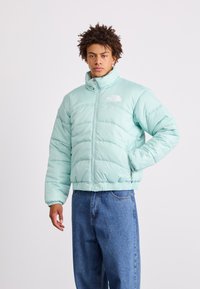 Giacca imbottita verde menta, con alto colletto, chiusura con zip e tasche laterali. Il materiale appare lucido con texture trapuntata.