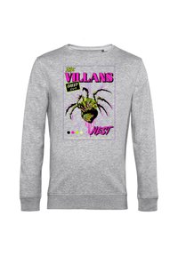 Grå sweatshirt med en livlig grafisk design som inkluderar en spiderritning, fet text i rosa och gult samt en dynamisk bakgrund.