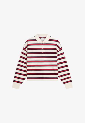 Tricou polo cu mâneci lungi, cu dungi orizontale roșii, bleumarin și negre pe fundal alb, guler cu nasturi și logo mic pe piept.