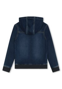 Denim hoodie in dark blue with a soft texture, a drawstring hood, and ribbed cuffs and hem. Features contrasting stitching details.