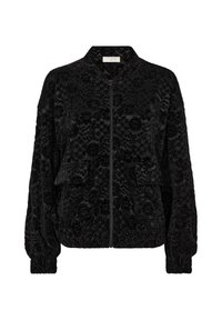 Svart zip-up-jacka med subtilt blommigt sammetsmönster, l�ånga ärmar, elastiska muddar och framfickor med lock.