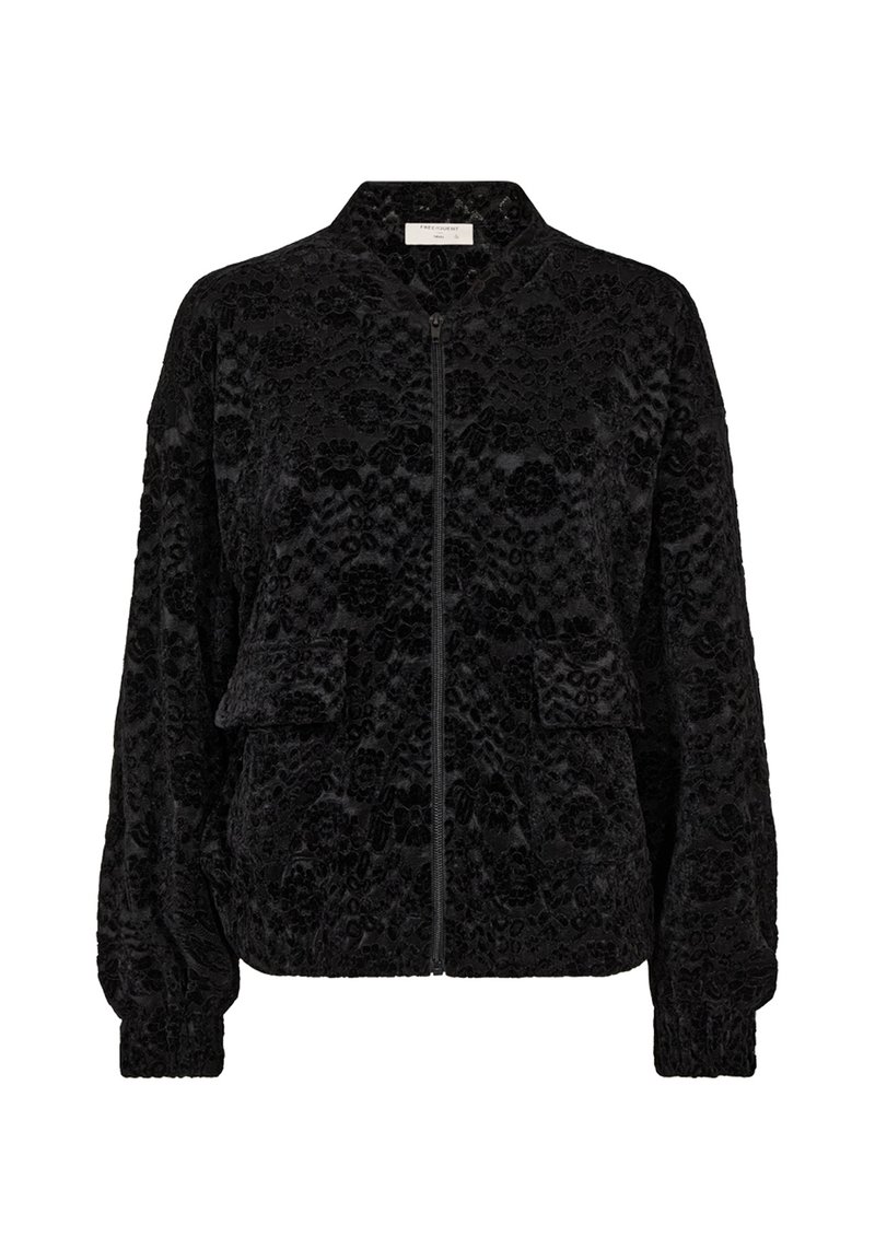 Svart zip-up-jacka med subtilt blommigt sammetsmönster, långa ärmar, elastiska muddar och framfickor med lock.