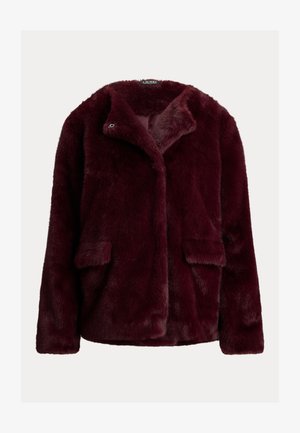 Burgundská umělá kožešinová bunda s klopovým límcem, bočními kapsami a měkkým, texturovaným povrchem. Zapínací design s volným střihem.