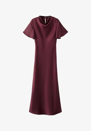 Dolga obleka iz bordo satena s kratkimi krilastimi rokavi in zapiranjem z gumbom za vratom na zadnji strani.
