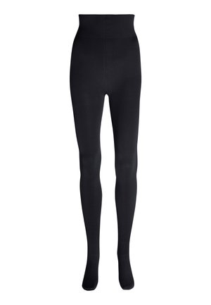 Collant neri opachi con vita alta, caratterizzati da una texture morbida e un design senza cuciture. Nessun motivo visibile o dettagli hardware.