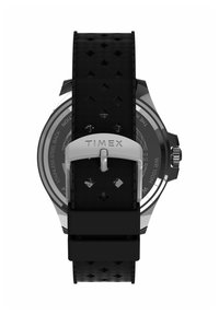 Mustast kummist kellarihm tekstuuriga mustriga, roostevabast terasest pandlaga ja musta roostevabast terasest korpusega. Tagaküljel selgelt eristatavad märgised.