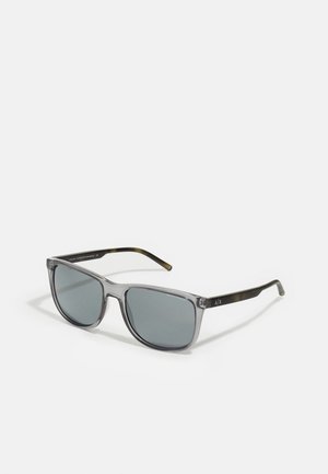 Gafas de sol rectangulares grises con lentes tintados, montura transparente y patillas negro-verdes. Incluye detalle del logotipo en la patilla.