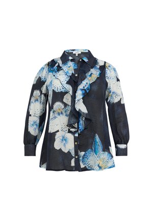 Sort bluse med lange ærmer med store blå og hvide blomsterprint, flæsedetalje på fronten, knaplukning og manchetter på ærmerne.
