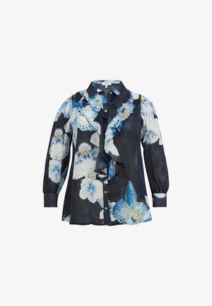 Sort bluse med lange ærmer med store blå og hvide blomsterprint, flæsedetalje på fronten, knaplukning og manchetter på ærmerne.