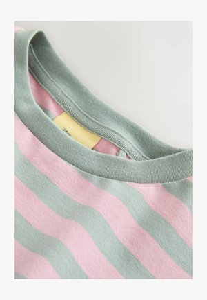 Striped short-sleeve shirt with pink and green horizontal stripes, featuring a rounded collar and soft fabric texture. Tag visible inside.