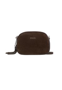 Braune Wildleder Crossbody-Tasche mit einem Reißverschluss, geprägtem Logo und einem abnehmbaren Quastenakzent. Schlichte, abgerundete Form mit Lederbesatz.