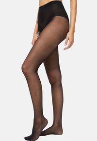 Pantys negros transparentes con una textura suave, diseño de cintura alta y una silueta ajustada que cubre desde la cintura hasta los dedos de los pies.