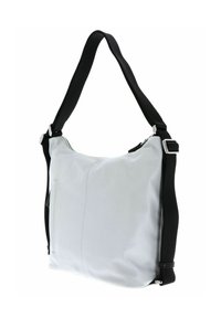 Borsa a spalla in pelle grigia con forma arrotondata, tracolla in tessuto nero, tasca laterale con zip e dettagli in metallo color argento.