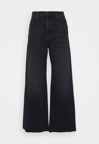 Jean noir taille haute à jambes larges avec bouton et fermeture éclair à l'avant, poches avant et ourlets bruts.