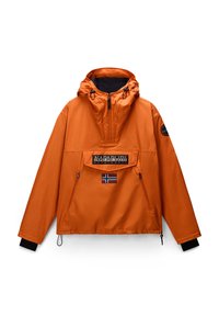 Orange waterproof jacket with a hood, front pocket, black accents, and logo. Features elastic cuffs and a Norwegian flag detail.