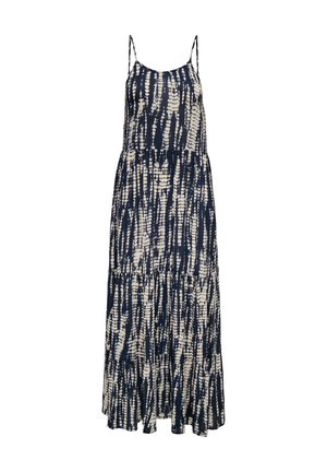 Vestido maxi sin mangas con tirantes finos, con un patrón tie-dye vertical en azul marino y blanco y capas superpuestas en la falda.