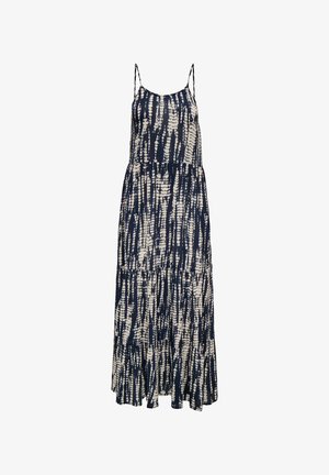 Mouwloze maxi-jurk met dunne bandjes, met een verticale tie-dye print in marineblauw en wit en laagjes in de rok.