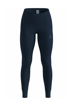 Leggings bleu marine en tissu extensible, avec un design ajusté, des poignets aux chevilles et un petit logo près de la taille.