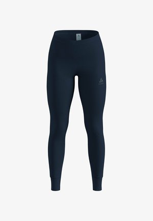 Navy blue leggings made of stretchy fabric, featuring a fitted design, ankle cuffs, and a small logo near the waist.