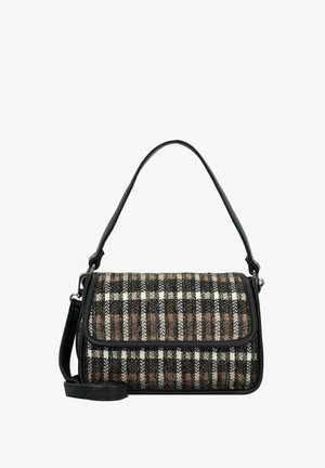 Bolso de mano tejido con un patrón de cuadros en negro, marrón y blanco, que presenta un ribete de imitación cuero negro y una correa cruzada desmontable.