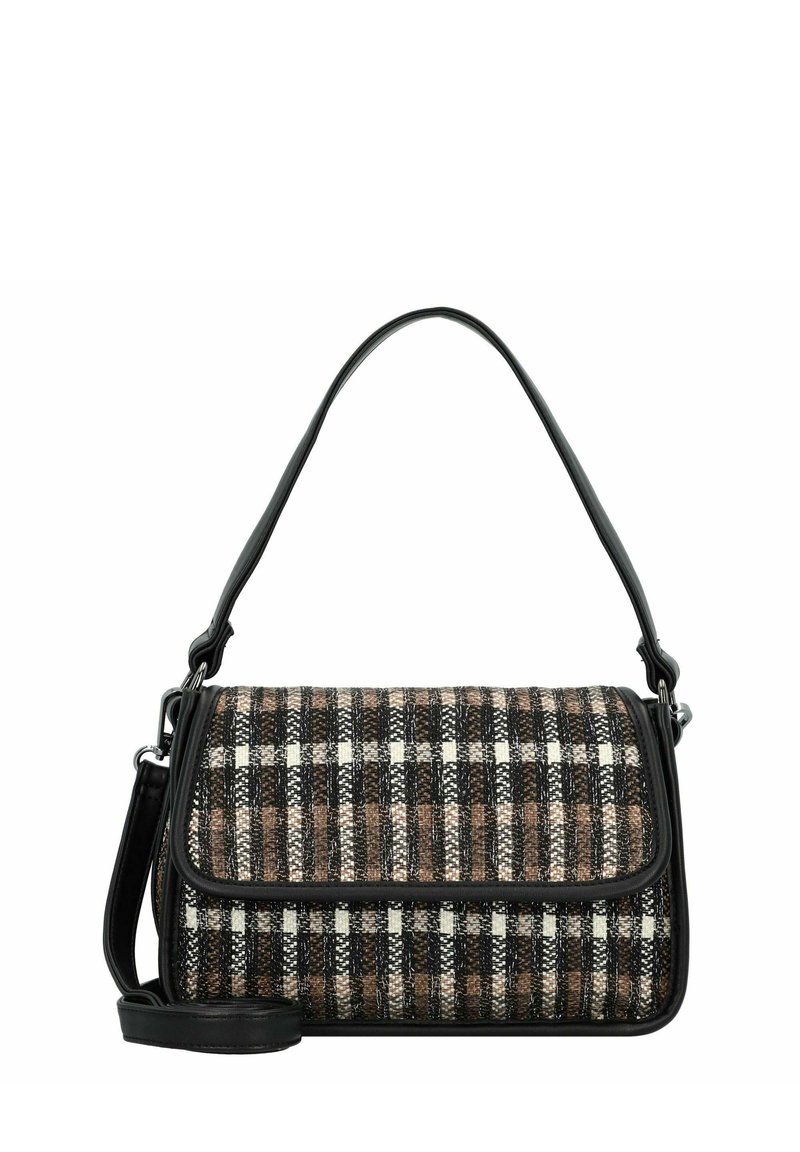 Sac à main tissé avec un motif à carreaux noir, marron et blanc, doté d'une bordure en simili cuir noir et d'une bandoulière amovible.