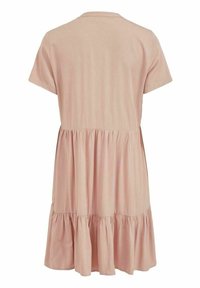 Pink short-sleeve dress with a round neckline, featuring a tiered, flared skirt and soft fabric texture. Back view shows a simple design.