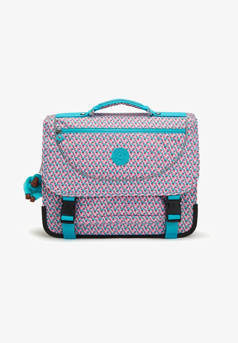 Messenger bag with a pink and blue patterned fabric, featuring a zippered pocket, black accents, and a fuzzy blue monkey keychain.