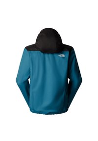 Veden- ja tuulenkestävä takki teal-värissä mustalla hupulla ja hartialaidoilla. Varusteena joustavat hihansuut ja kiristettävä helma. Logo selässä.