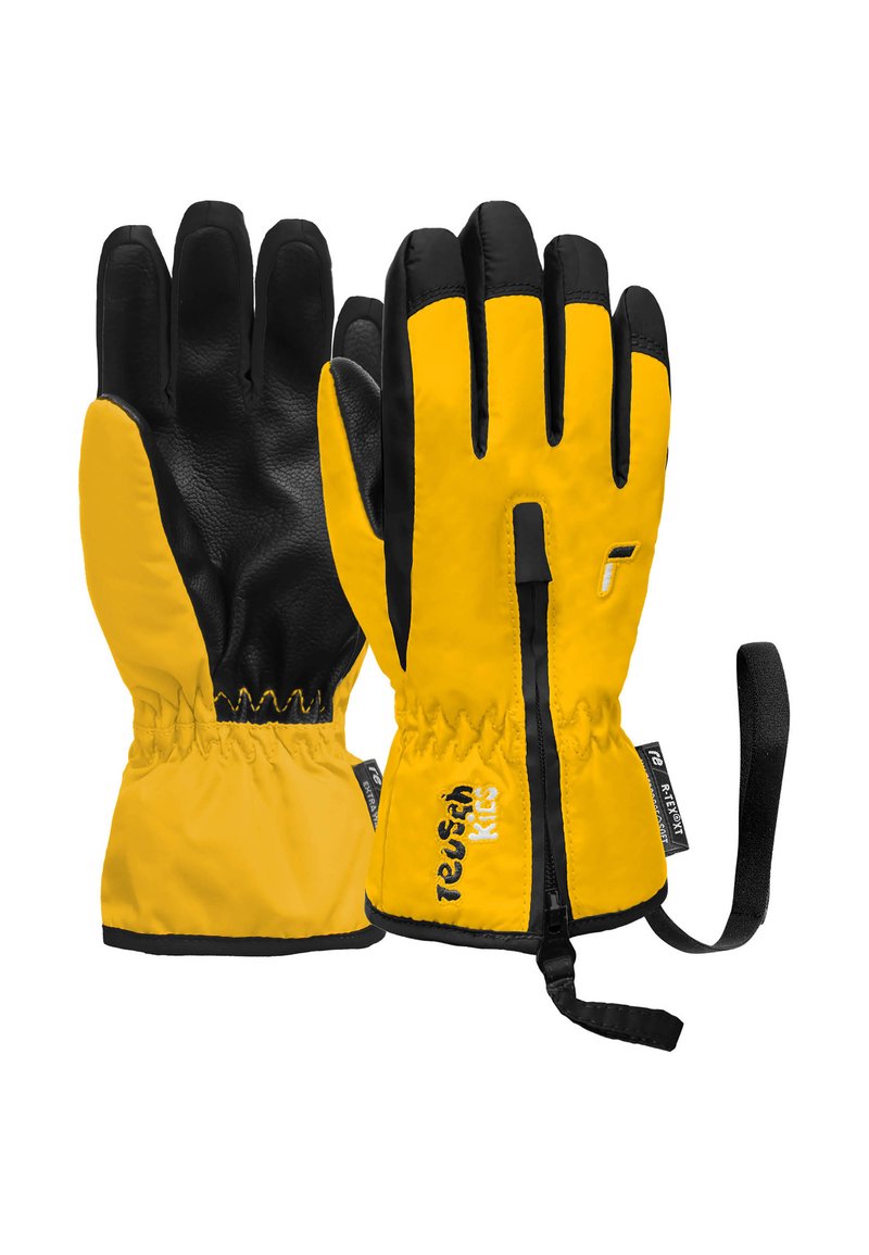 Yellow and black gloves with a waterproof design, featuring a cinched wrist, leather palm, and branding on the cuff.
